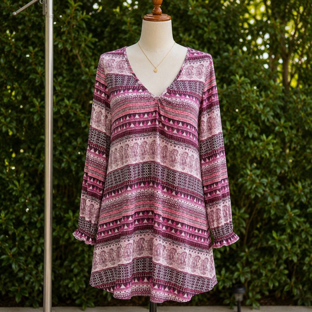 Billabong Boho Paisley Tunic Dress Medium Purple Pink Long Sleeve Surfer Mini